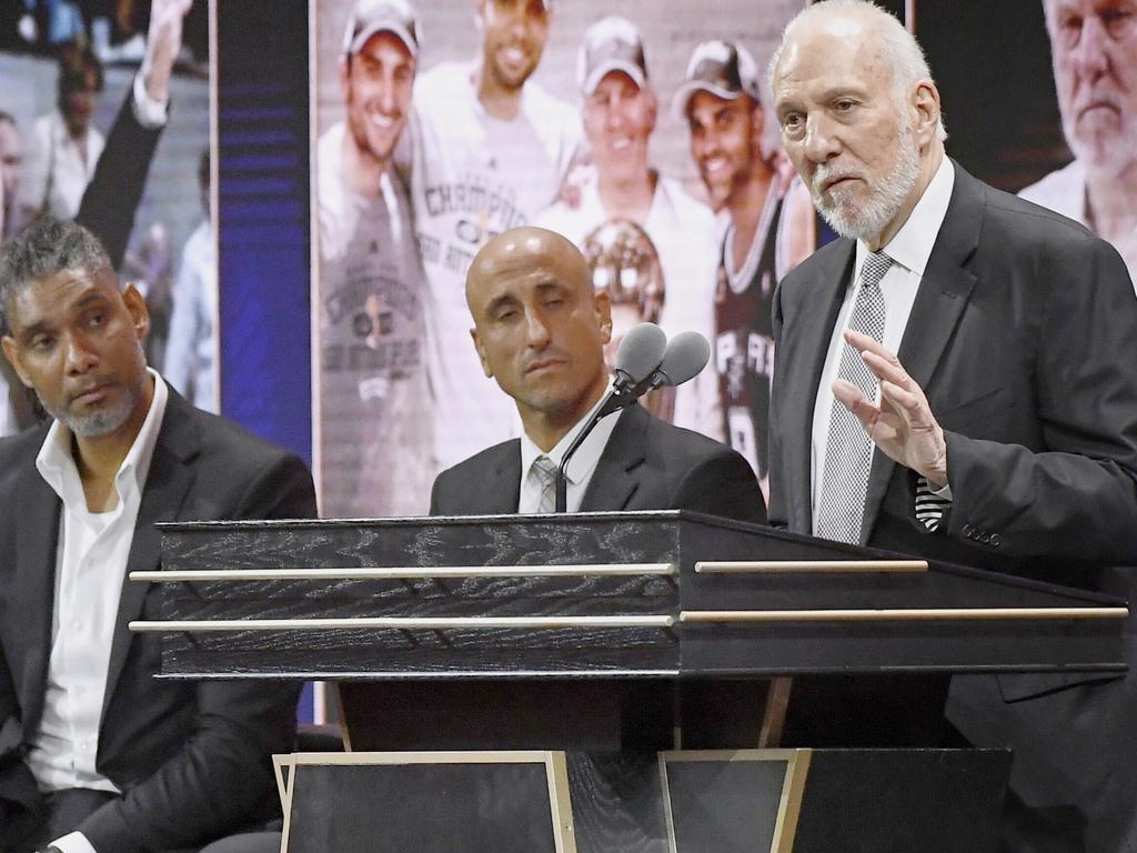 Gregg Popovich speaks during his induction into the Basketball Hall of Fame. Picture: AP Photo/Jessica Hill