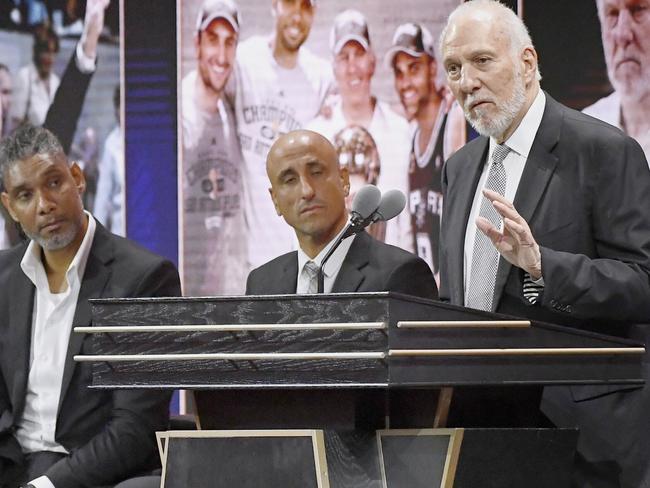 Gregg Popovich speaks during his induction into the Basketball Hall of Fame. Picture: AP Photo/Jessica Hill