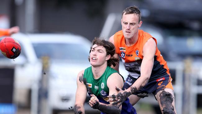 GFL: St Mary's v Geelong West. St Mary's Harry Benson and Geelong West's Jayden Symes. Picture: Mike Dugdale