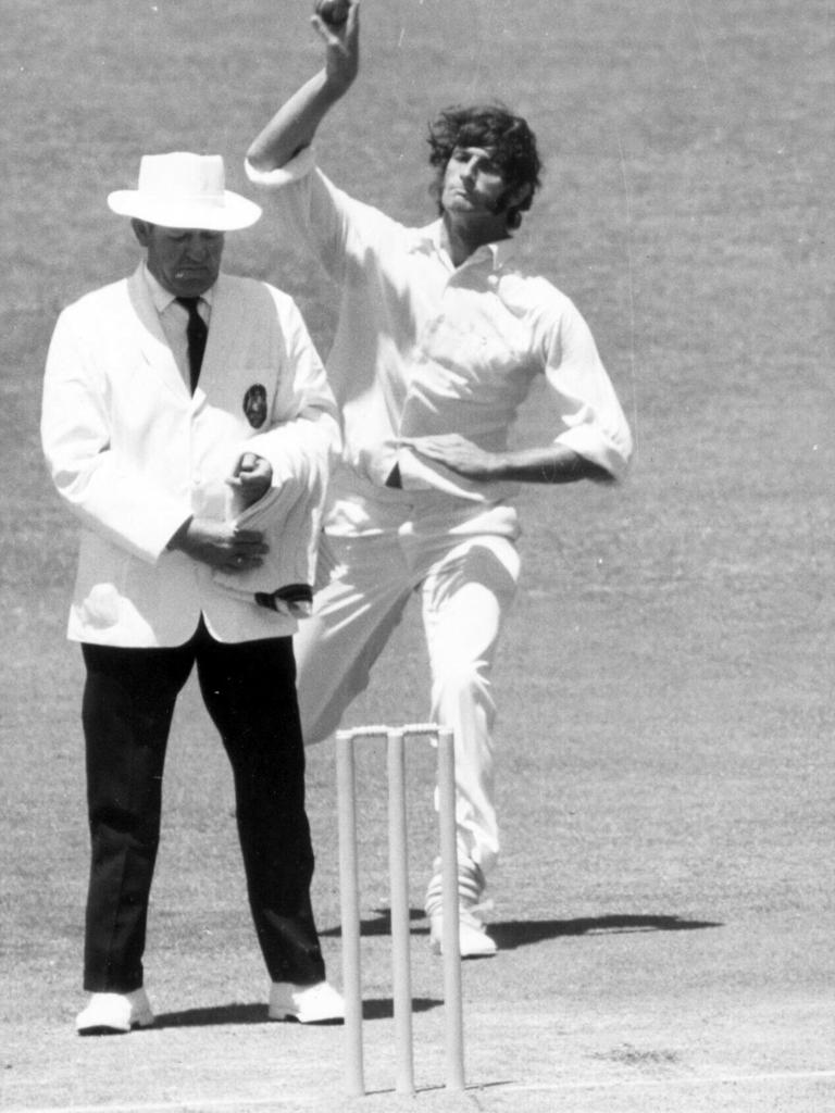 Cricketer Dennis Lillee bowling during his first test match.