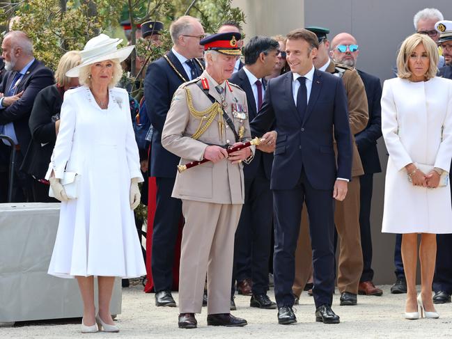 Queen Camilla, King Charles III, President of France, Emmanuel Macron and Brigitte Macron in Normandy. Picture: Getty Images