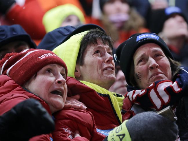 Sue Sweeney, center, the mother of Emily Sweeney of the United States, cries out as her daughter crashes on the final run during the women’s luge final at the 2018 Winter Olympics in Pyeongchang, South Korea, Tuesday, Feb. 13, 2018. Picture: AP
