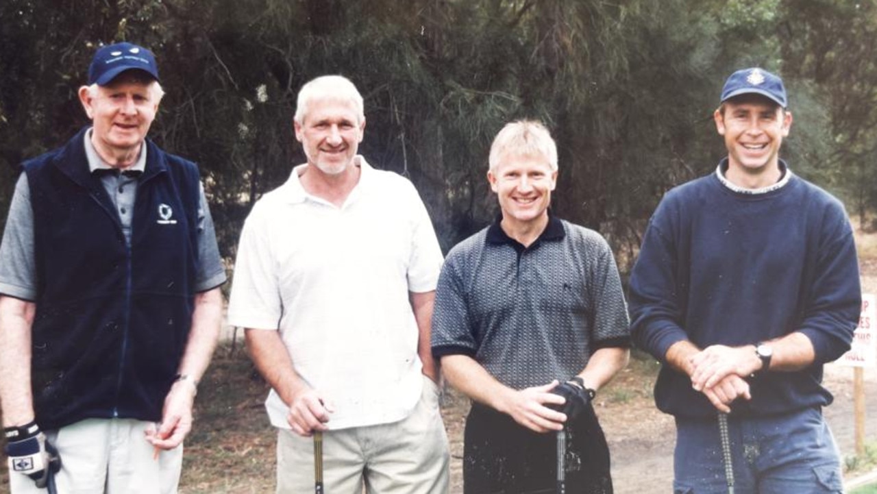 Bill McMaster during a Geelong Football Club Golf Day in the mid-1990s at 13th Beach with Gary Davidson, Stephen Wells and Paul Brown. Picture: Private collection