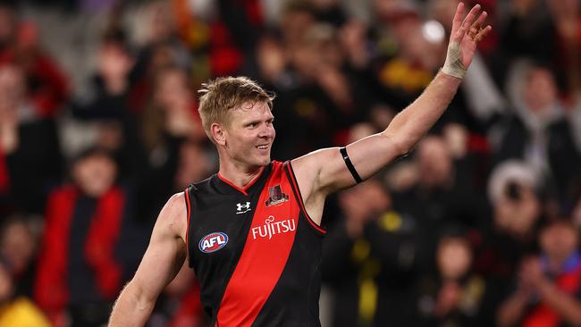 Michael Hurley celebrates a goal in his Essendon farewell. Picture: Michael Klein