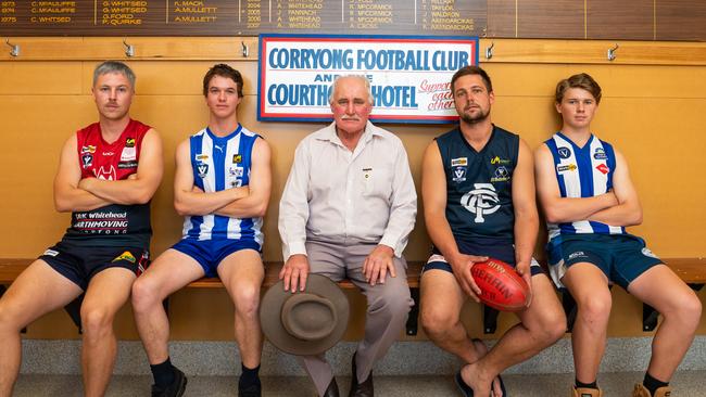 Corryong’s Patrick Riley, Tumbarumba’s Henry Waters, Upper Murray league president Gordon Nicholas, Cudgewa’s Mitch Pynapples and Tumbarumba’s Sam Clarke. Picture: Simon Dallinger