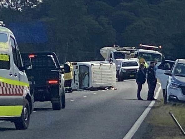 Police and NSW Ambulance are on scene of a single car rollover on Bentley Road, Bentley. Picture: Craig Armstrong