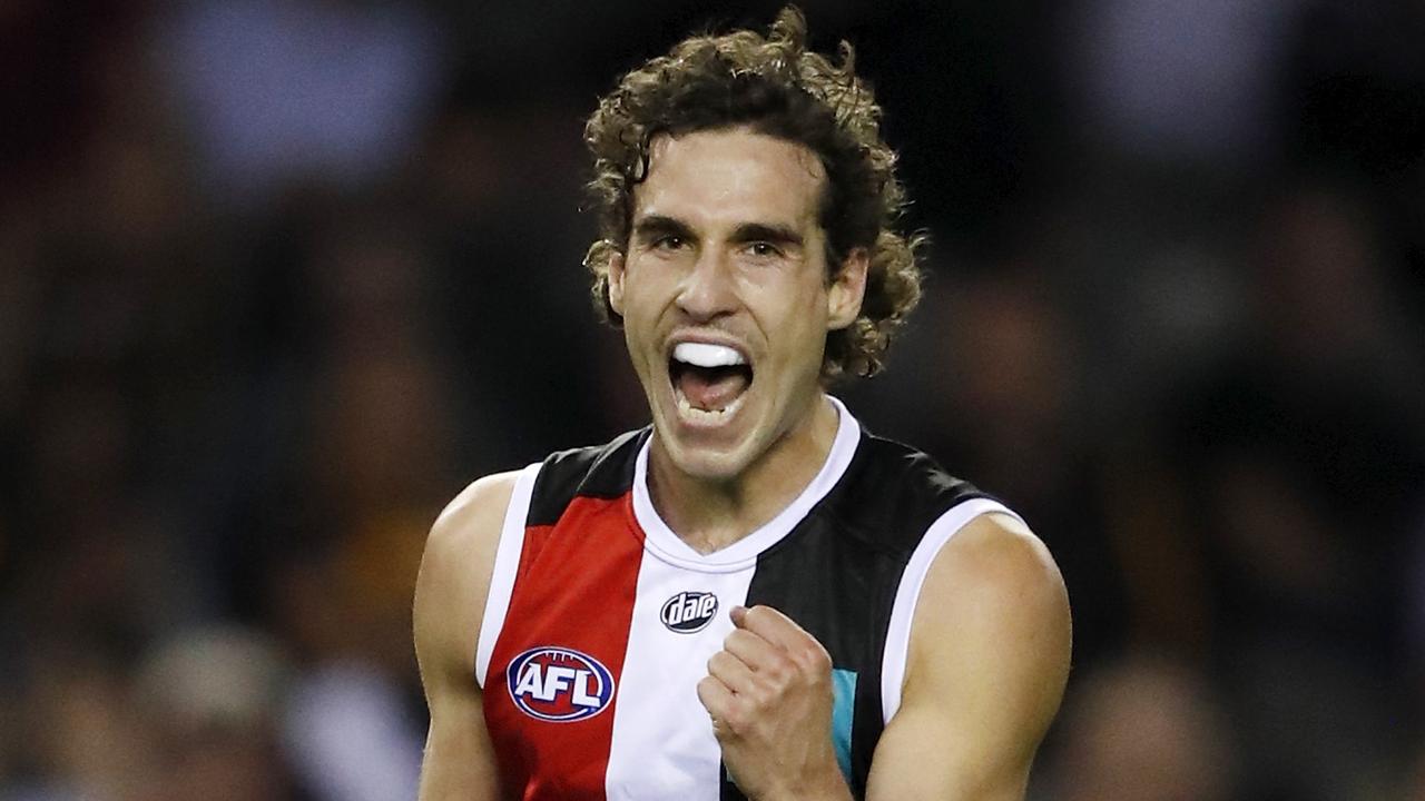 MELBOURNE, AUSTRALIA - MAY 01: Max King of the Saints celebrates a goal during the 2021 AFL Round 07 match between the St Kilda Saints and the Hawthorn Hawks at Marvel Stadium on May 01, 2021 in Melbourne, Australia. (Photo by Dylan Burns/AFL Photos via Getty Images)