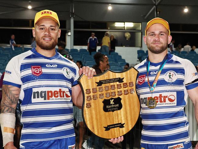 Three times premiership winners Jordan Biondi-Odo and Adam Hepworth pose with the FNQRL A grade premiership shield after beating the Ivanhoe Knights 18 points to 14 in the grand final match at Barlow Park. Picture: Brendan Radke