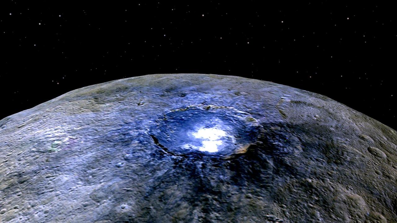 This representation of the Occator Crater on dwarf planet Ceres from images taken by NASA's Dawn spacecraft from a distance of about 4400km.