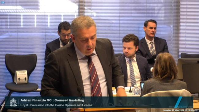 Adrian Finanzio SC at the Royal Commission into the Casino Operator and Licence in Melbourne.