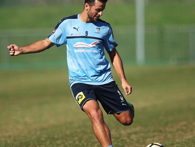 Sydney FC striker Bobo at training ahead of Wednesday night’s clash with Liverpool.