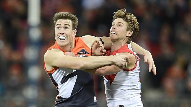 Dane Rampe is set for the key job on Jeremy Cameron in the first Sydney derby of 2019. Picture: Brett Hemmings/AFL Media/Getty Images. 