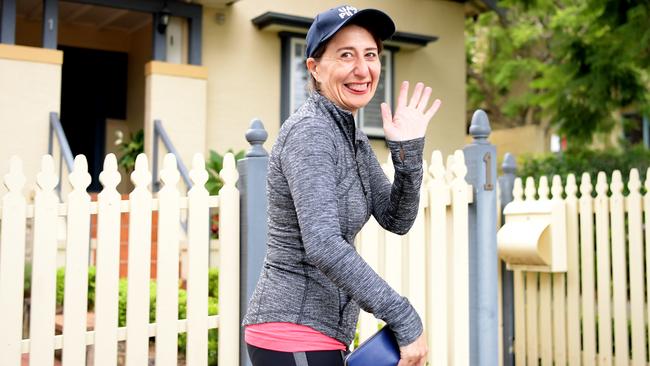 Newly re-elected NSW Premier Gladys Berejiklian leaves her northern Sydney home for a gym session yesterday after the Coalition’s strong victory. Picture: Tracey Nearmy