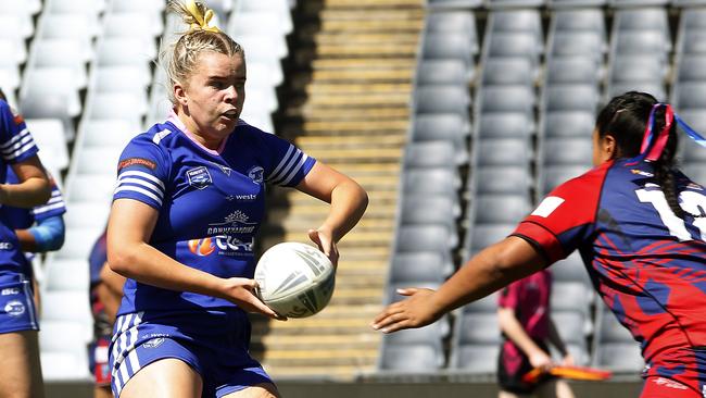 Narellan's Ella Fielding with the ball. Picture: John Appleyard