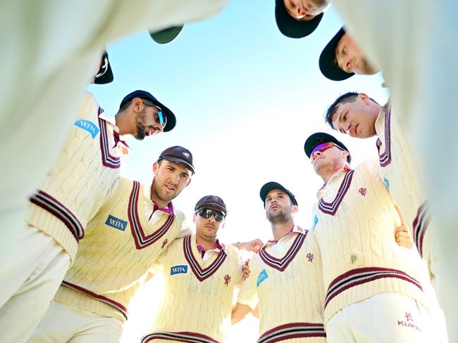 Lewis Gregory of Somerset speaks to their side in the huddle during the Vitality County Championship Division One match between Somerset and Nottinghamshire in Taunton, England. Picture: Harry Trump/Getty Images