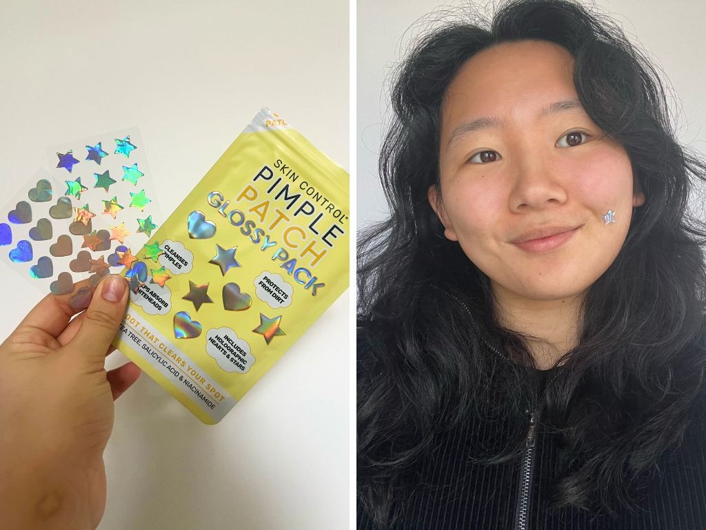 The glossy pimple patch on my cheek is doing its magic on my red and inflamed pimple. Picture: Supplied/Cindy Du