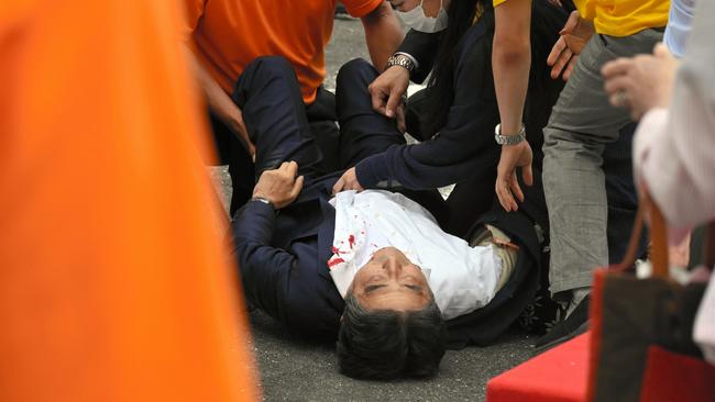 Former Japanese Prime Minister Shinzo Abe bleeds from chest after being shot in Nara, Japan. Picture: Getty Images