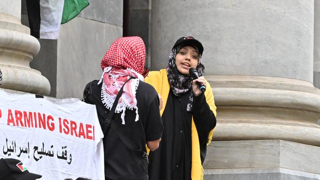 OCTOBER 6, 2024: Habibah Jaghoori addresses a Pro-Palestine Rally on the steps of parliament. Picture: Brenton Edwards