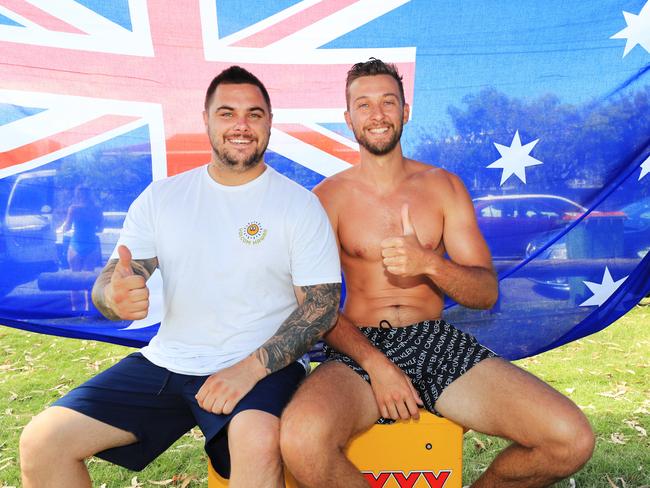 26th January 2021 - Celebrating Australia Day at Burleigh Heads were good mates Zac Kay and Shaun Atkins Photo: Scott Powick