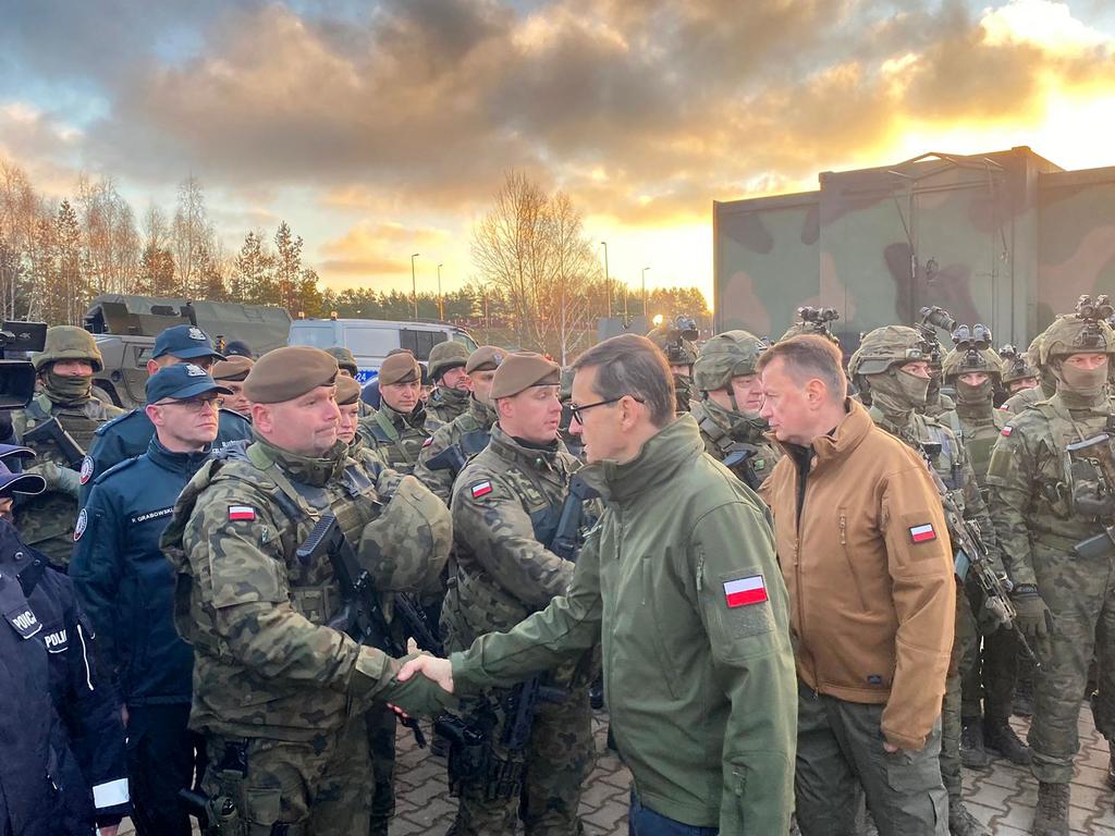 Polish PM Mateusz Morawiecki meeting with border guards and troops. Picture: Polish Defence Ministry