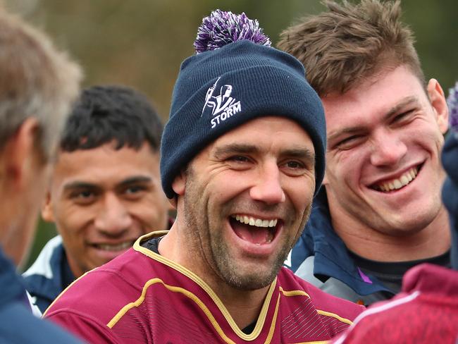 MELBOURNE, AUSTRALIA - JUNE 05: Cameron Smith of the Melbourne Storm laughs as he wears his Queensland Maroons jersey during a Melbourne Storm NRL training session at Gosch's Paddock on June 05, 2019 in Melbourne, Australia. (Photo by Scott Barbour/Getty Images)