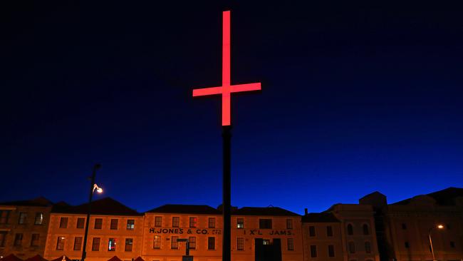 One of the inverted red crosses on the Hobart waterfront for Dark Mofo. Picture: SAM ROSEWARNE