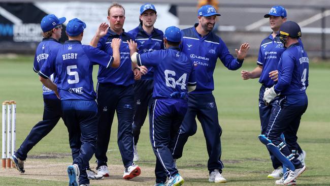 VSDCA: Mt Waverley’s Ryan Pearce celebrates a wicket with teammates. Picture: Georg Sal