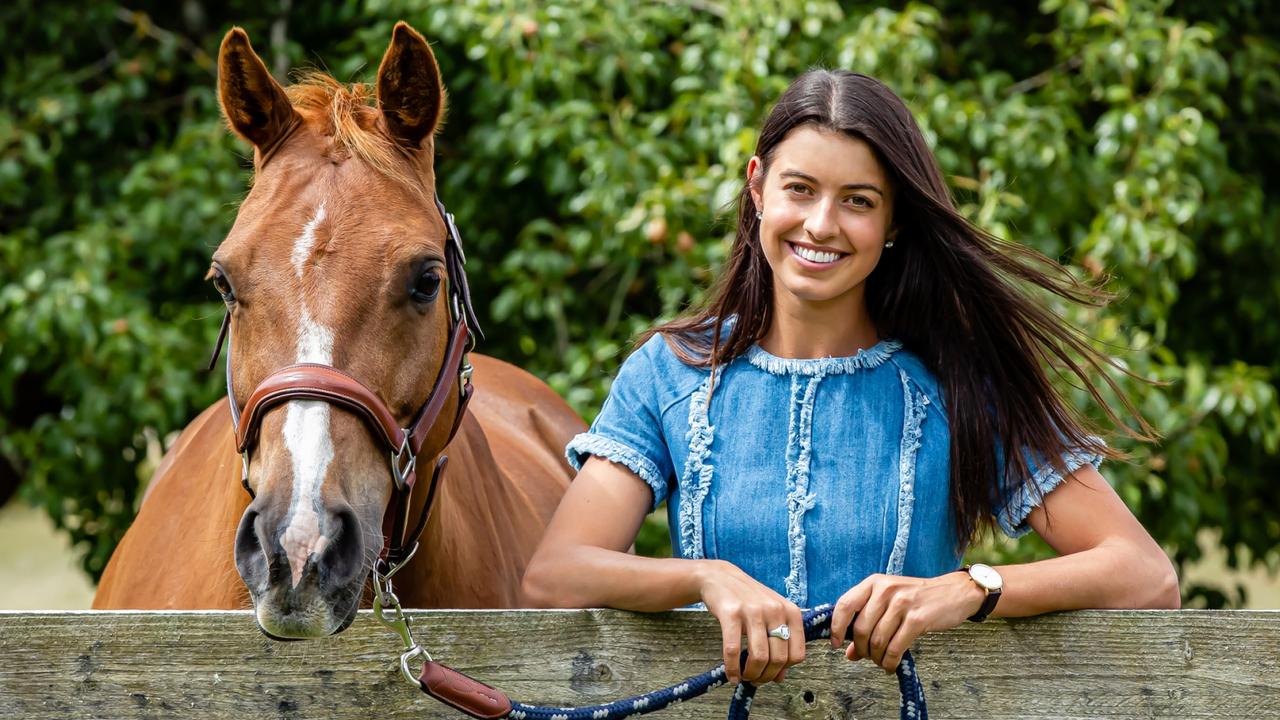 Talented equestrian horse rider Kate Crauford, with her horse Oaks Cairo. She is suing leading coach and administrator Anthony Thomas in the Federal Court alleging sexual harassment. Pictures: supplied