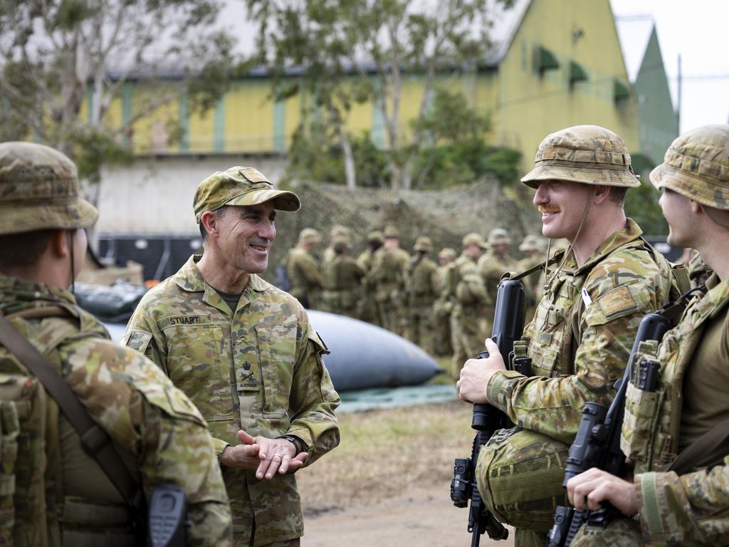 Chief of the Defence Force General Angus Campbell, AO, DSC and Chief of Army, Lieutenant General Simon Stuart, AO, DSC visits Townsville Field Training Area during Exercise Brolga Run, on 22 May 2024, Queensland. Photo: CPL Guy Sadler