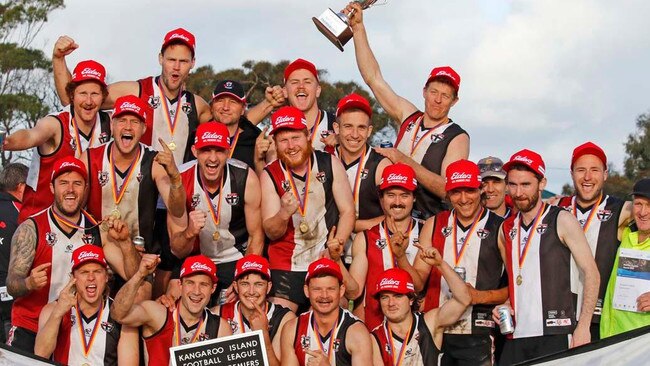 Western Districts celebrates its 2022 grand final win over Wisanger. The two clubs will clash again in the 2024 grand final. Picture: Kangaroo Island Football League