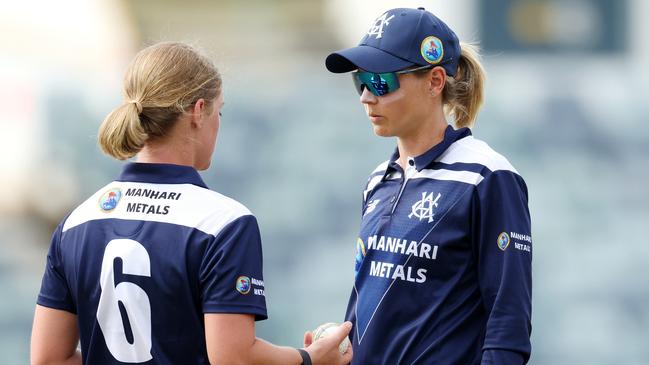 Meg Lanning (right) played in Victoria’s first four WNCL games this season but is not expected to join the team for the next block of matches before Christmas. Picture: Will Russell / Getty Images