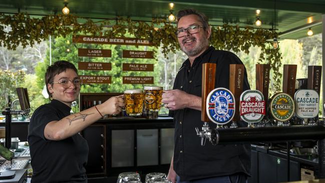 First Harvest Cascade beer, at Cascade tap with Polymnia Floris 23 junior bar manager and head brewer Brendan Flanagan. Picture: Caroline Tan