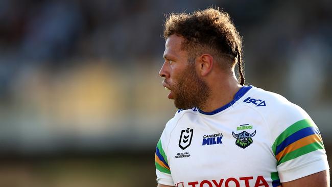 SYDNEY, AUSTRALIA - SEPTEMBER 03: Sebastian Kris of the Raiders looks on during the round 27 NRL match between Cronulla Sharks and Canberra Raiders at PointsBet Stadium on September 03, 2023 in Sydney, Australia. (Photo by Jeremy Ng/Getty Images)