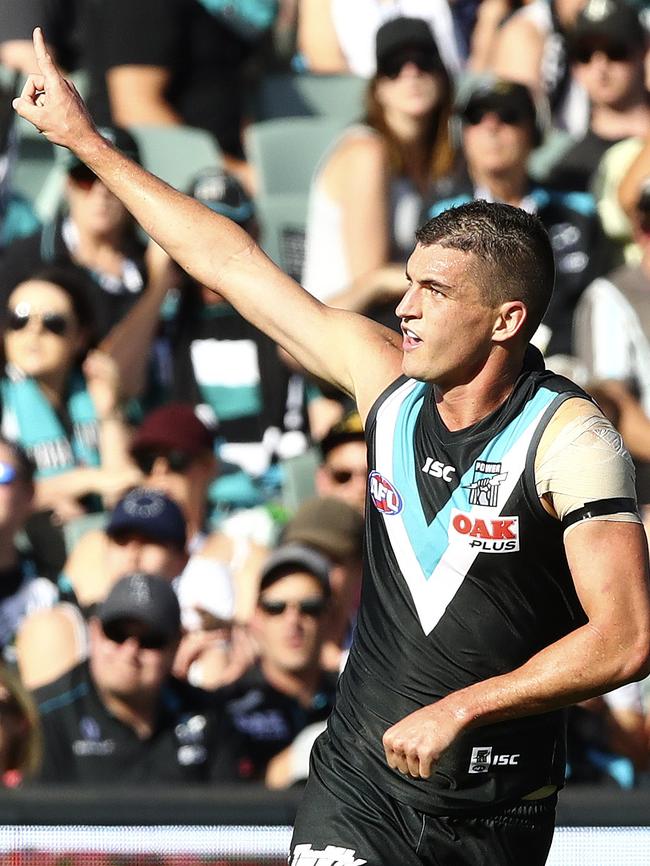 Tom Rockliff gets his first goal in Port colours. Picture: Sarah Reed