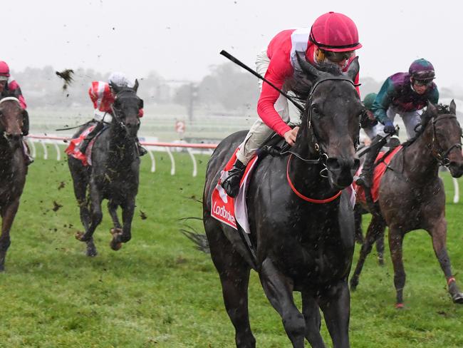 Jockey Lewis German rides Sagarra to victory in race 8, the Ladbrokes Handicap, during Midweek Races at Sandown Racecourse in Melbourne, Wednesday, April 29, 2020. (AAP Image/Supplied by Pat Scala, Racing Photos) NO ARCHIVING, EDITORIAL USE ONLY