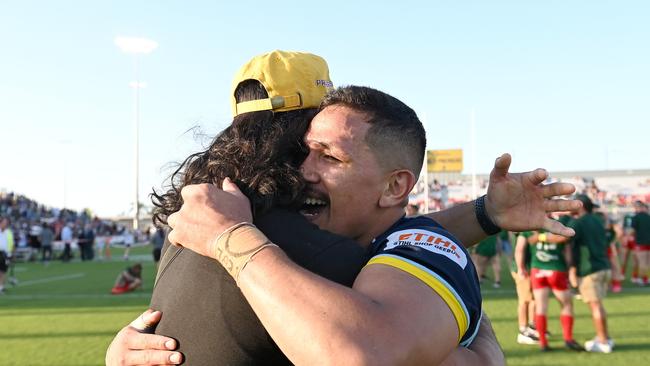BRISBANE, AUSTRALIA - OCTOBER 10: Michael Sio of the Devils celebrates victory after the 2021 QRL Intrust Super Cup Grand Final match between the Norths Devils and the Wynnum-Manly Seagulls at Moreton Daily Stadium on October 10, 2021, in Brisbane, Australia. (Photo by Bradley Kanaris/Getty Images)
