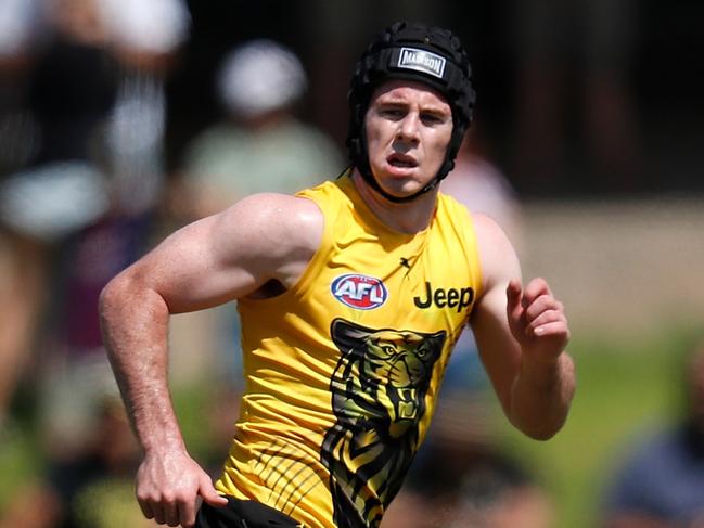 GOLD COAST, AUSTRALIA - JANUARY 27: Jack Higgins of the Tigers in action during the Richmond Tigers pre-season training camp at Southport Sharks on January 27, 2020 on the Gold Coast, Australia. (Photo by Michael Willson/AFL Photos)