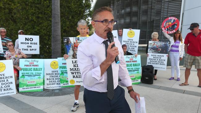 Eddy Sarroff speaks at a protest against the sale of the Bruce Bishop Car Park in Surfers Paradise. Picture Mike Batterham.