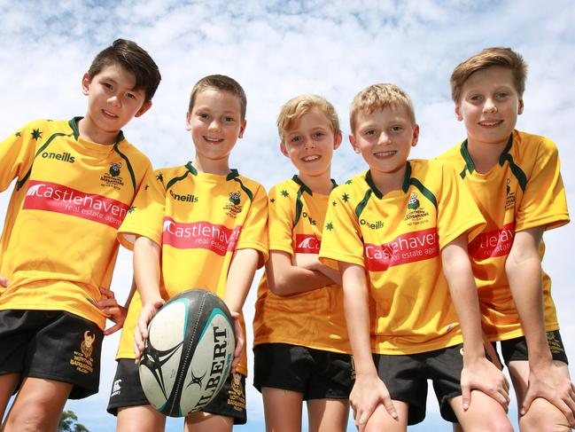 Hunter Pollock, Harry Pratt, Jack Tyzack, Ben Muir and Max Meredith. The Northern Barbarians juniors can’t wait for the club’s New Zealand tour match against Ruawai. Pictures: Mark Scott