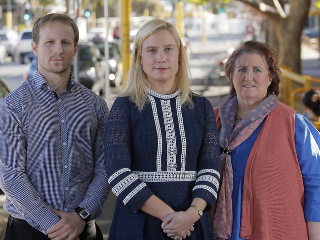 Former mayor Kristie Johnston, centre, and her “allies”, former aldermen Matt Stevenson and Jan Dunsby. Picture: MATT THOMPSON