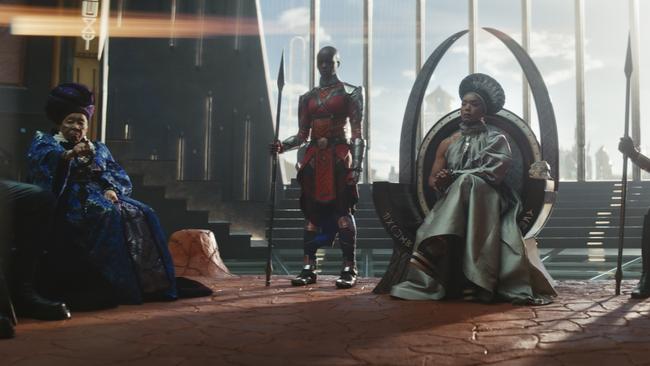 Dorothy Steel as Merchant Tribe Elder, Florence Kasumba as Ayo, Angela Bassett as Ramonda, Danai Gurira as Okoye in Marvel Studios' Black Panther: Wakanda Forever. Picture: Supplied