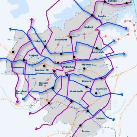 A map form the plan showing possible high frequency bus routes. Blue (east west) purple (north south)