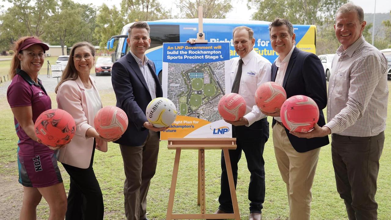 Rockhampton Netball Association President Simone Hitchcock, LNP Rockhampton candidate Donna Kirkland, Opposition Deputy Leader Jarrod Bleijie, Rockhampton Regional Council Mayor Tony Williams, LNP Keppel candidate Nigel Hutton and LNP Mirani candidate Glen Kelly at the LNP's $42 million announcement at Rockhampton CQUniversity campus. The LNP has committed to funding Stage 1 of the Rockhampton Sports Precinct, if elected at the October 2024 state election.