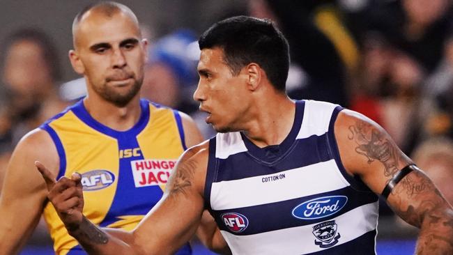 Tim Kelly of the Cats celebrates a goal during the AFL First Semi Final match between the Geelong Cats and the West Coast Eagles in Melbourne, Friday, September 13, 2019.  (AAP Image/Michael Dodge) NO ARCHIVING, EDITORIAL USE ONLY