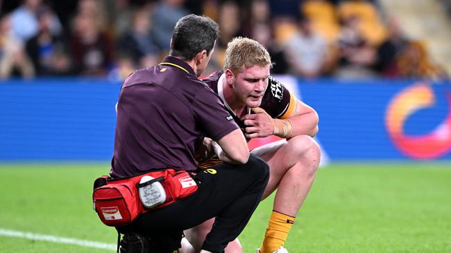 Tom Flegler was taken to hospital after sturggling to breath after a hit to the throat. Picture: Getty Images.