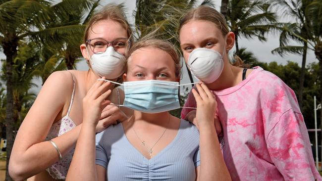 Bronte Clarke, Rylee Hewitt and Jazmin Clarke masked up on The Strand in Townsville in this file photo from 2021. Townsville health authorities on Tuesday warned North Queenslanders to get vaccinated, practise good hygiene and wear masks in public to combat a major spike in lab-confirmed influenza cases. Picture: Supplied