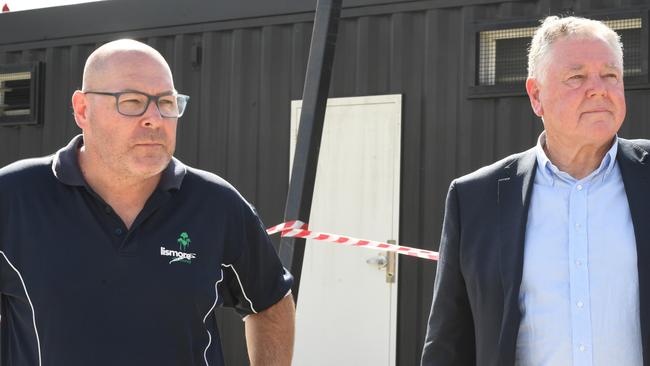 Left: Lismore Mayor Steve Krieg with Lismore City Council General manager John Walker at Mortimer Oval in Lismore on Thursday. Picture Cath Piltz