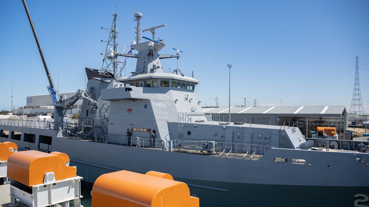 ADELAIDE/ KAURNA YARTA, AUSTRALIA - NewsWire Photos NOVEMBER 27, 2023: The NUSHIP Eyre, the second Arafura Class Offshore Patrol Vessel at the Osborne Naval Shipyard in South Australia. NCA NewsWire / Morgan Sette