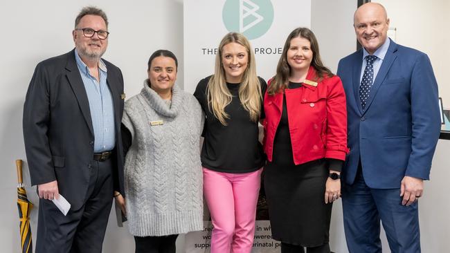 Maroondah councillors Rob Steane and Tasa Damante, The Babes Project founder Helen Parker, Maroondah councillor Marijke Graham, and Croydon state Liberal MP David Hodgett at The Babes Project's new base at Aquahub.