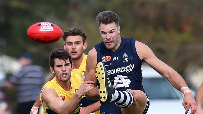 26.5.2018.SANFL: South Adelaide v Eagles at Noarlunga Oval.South's Keegan Brooksby gets a kick away. PIC:TAIT SCHMAAL.